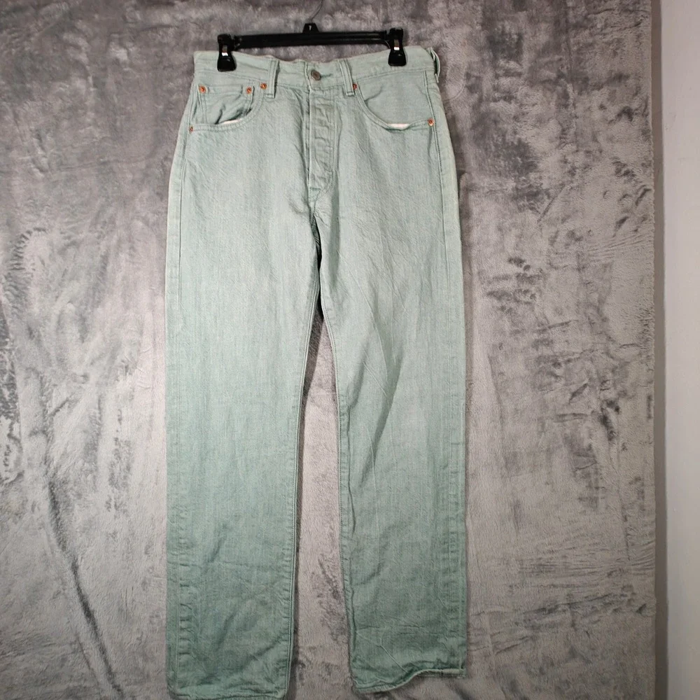 Levi 501 Jeans Mens 32x34 Green White Oak Cone Denim Button Fly Straight Leg